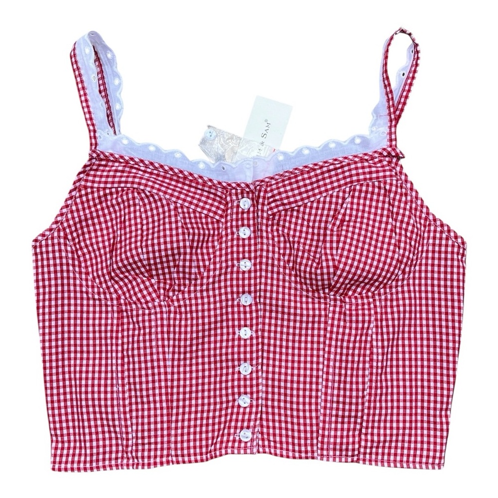 Red Gingham Button-Front Tank with Lace Trim
